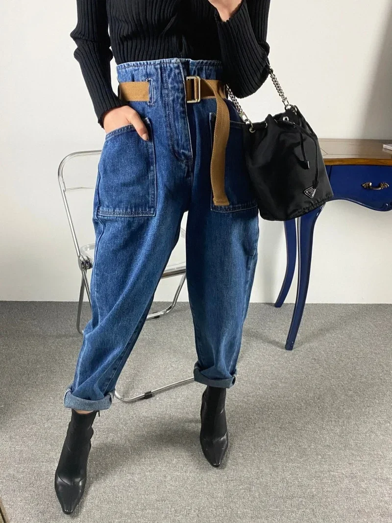 Fashion Vintage Mom Jean Loose Washed Denim Trousers 2024 Women Korean High Waist Ankle Length Baggy Belted Harem Jeans Pants