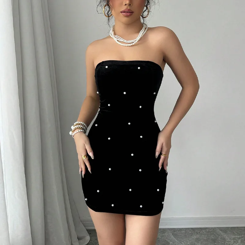 

2025 Summer Women's Strapless Skirt Balck Sexy Elegant Hip Sleeveless Off-shoulder Slim Evening Birthday Date Girls Dress