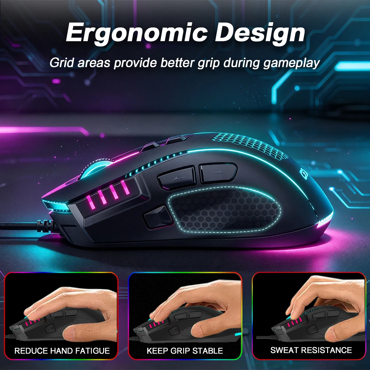 Ergonmic Wired Mouse,8 Buttons Programmable Wired Optical Mouse for Window 7/8/10/XP,12800DPI Adjustable Wired Backlit Mouse