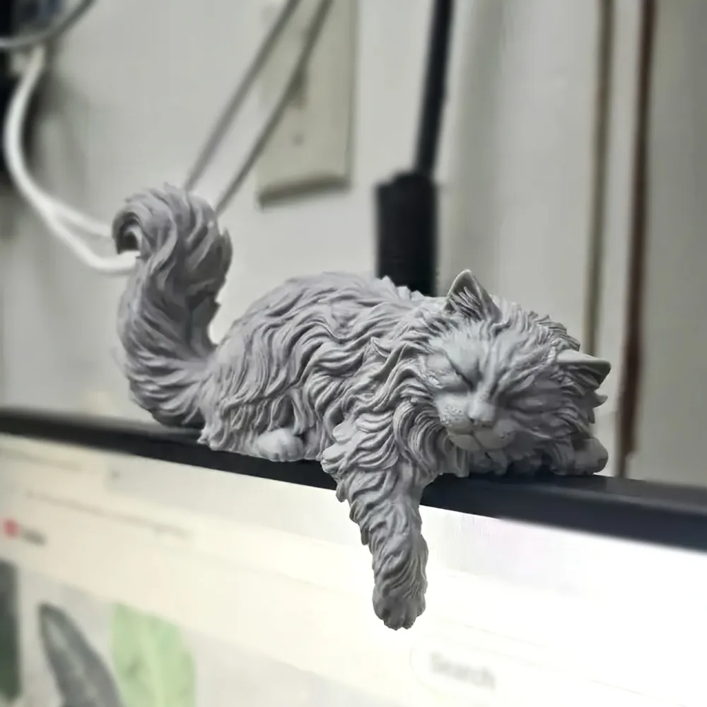 Cute Long Hair Sleeping Cat Figurine 3D Printed Mini Pet Computer Monitor Hanging Decor Desk Ornament for Home Office Decor Gift