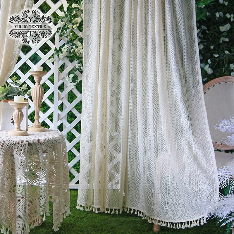 French Retro Crochet Hollow Fringe Gauze Curtain Boho Style Decorative Window Screen Beige Gauze Bedroom Living Room Curtain