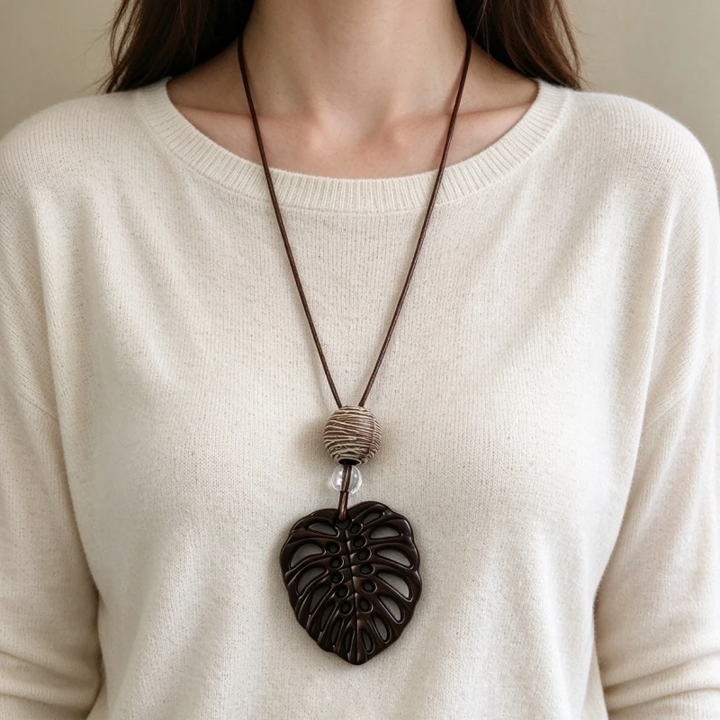 Hollow Monstera Leaf Pendants Necklaces for Women Brown Color Long Rope Chain Necklace Vintage Twisted Ball Neck Accessories