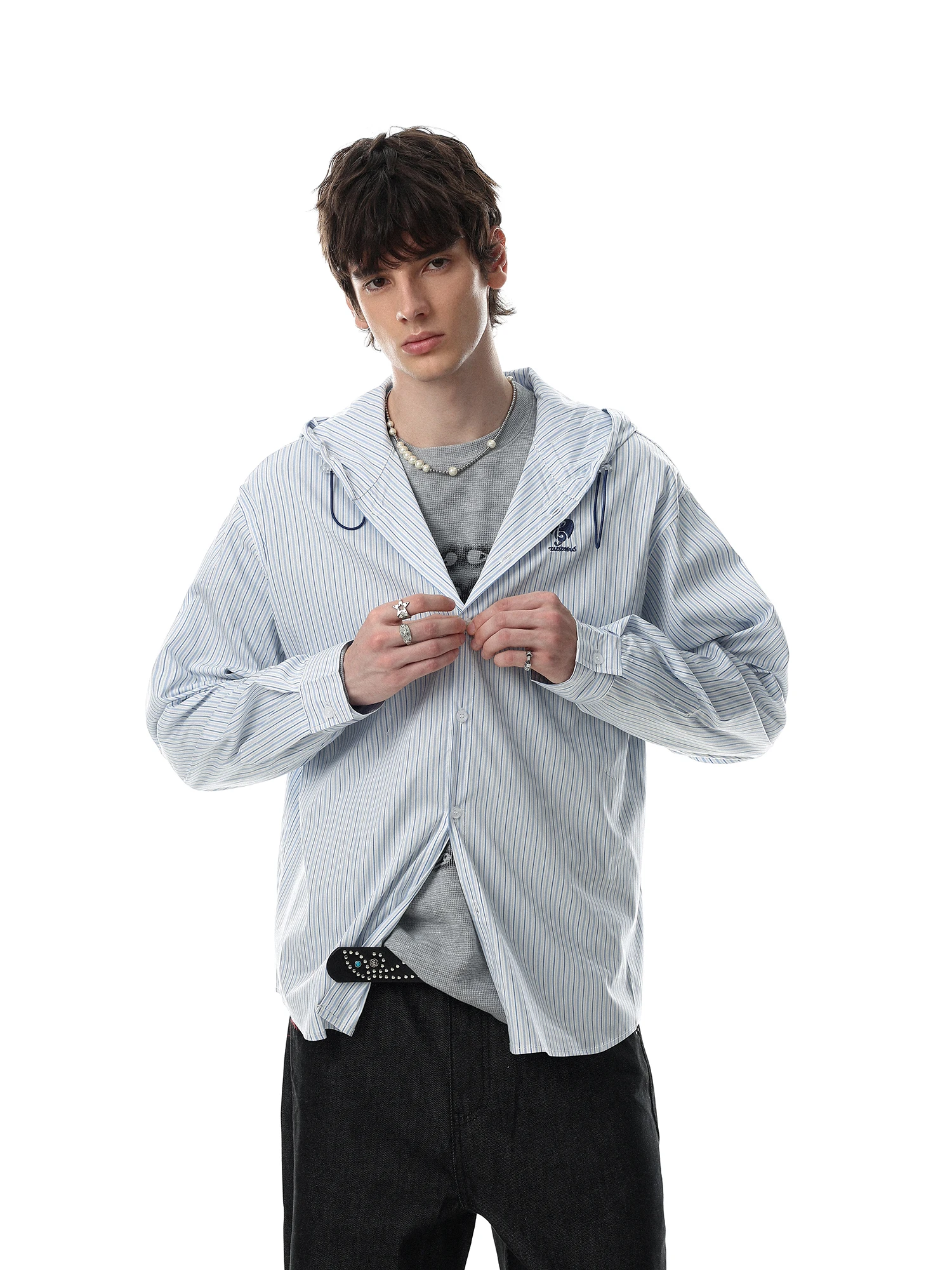 American Retro Embroidered Hooded Striped Casual Shirt Loose Men's Fashionable Long Sleeve Breathable Comfortable Modal Polye...