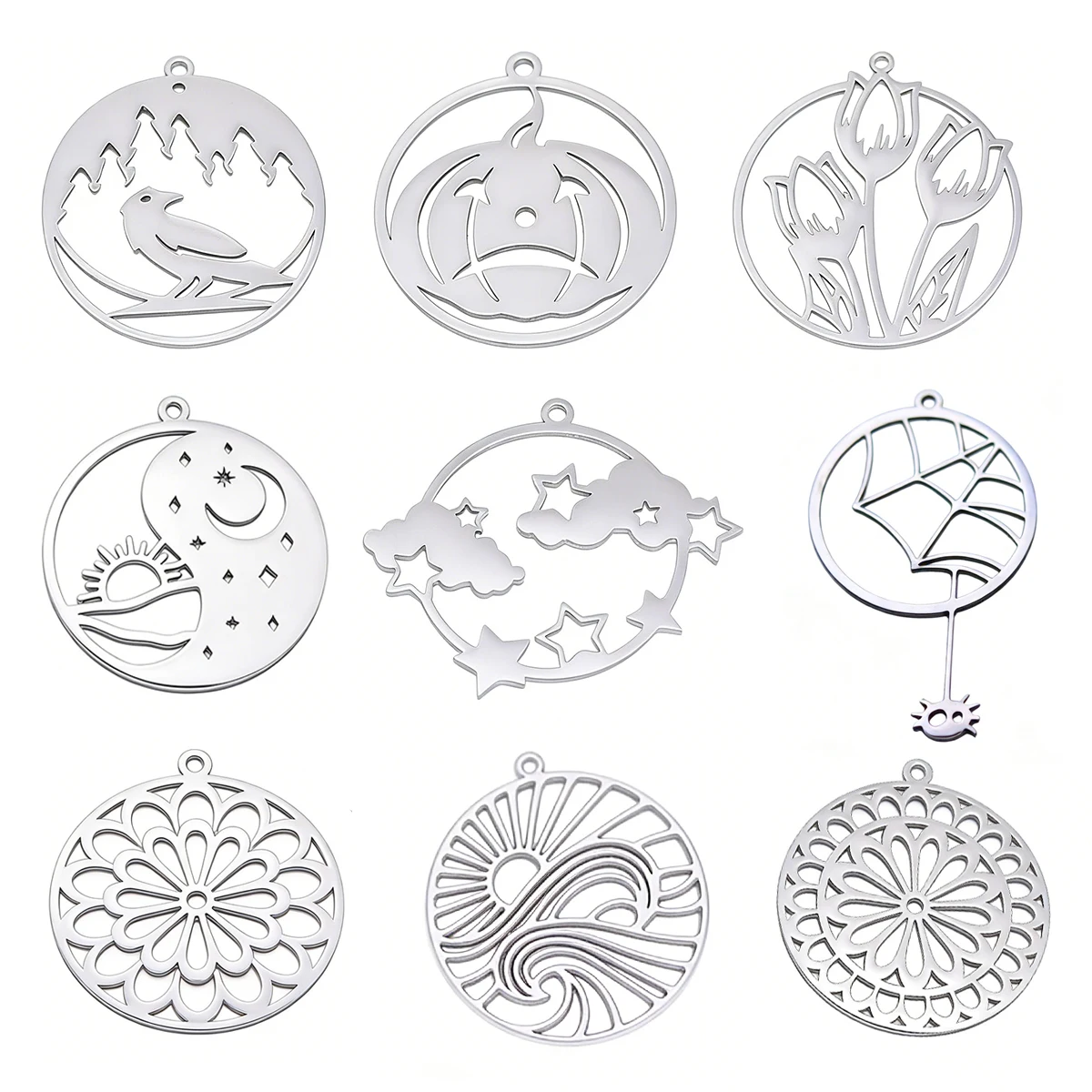 

3pcs Stainless Steel Geometric Round Pendant Hollow Flower Leaves Charms Dangle Pendant For DIY Jewelry Making Necklace Earrings