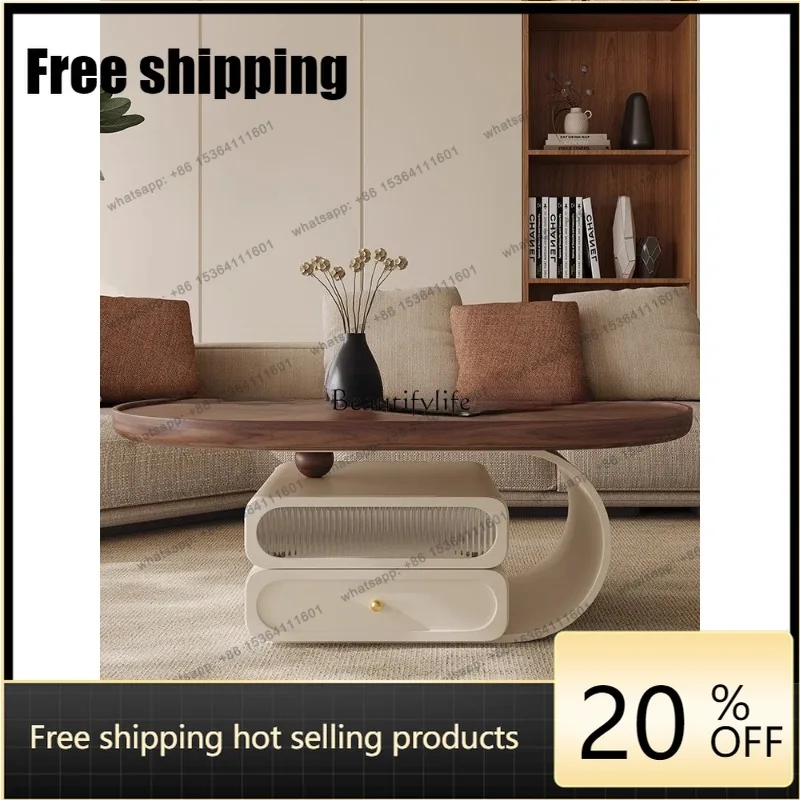 HJ Oval Coffee Table Household Modern Minimalist Light Luxury Cream Wind Rock Board Coffee Table