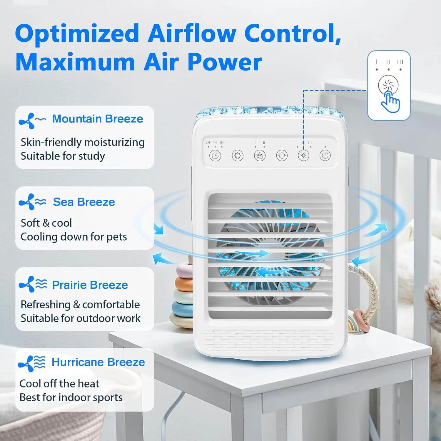 Aire acondicionado de oscilación de 180 °, Enfriador de aire portátil con 4 velocidades de viento, unidad de luz ambiental integrada, tanque de agua grande