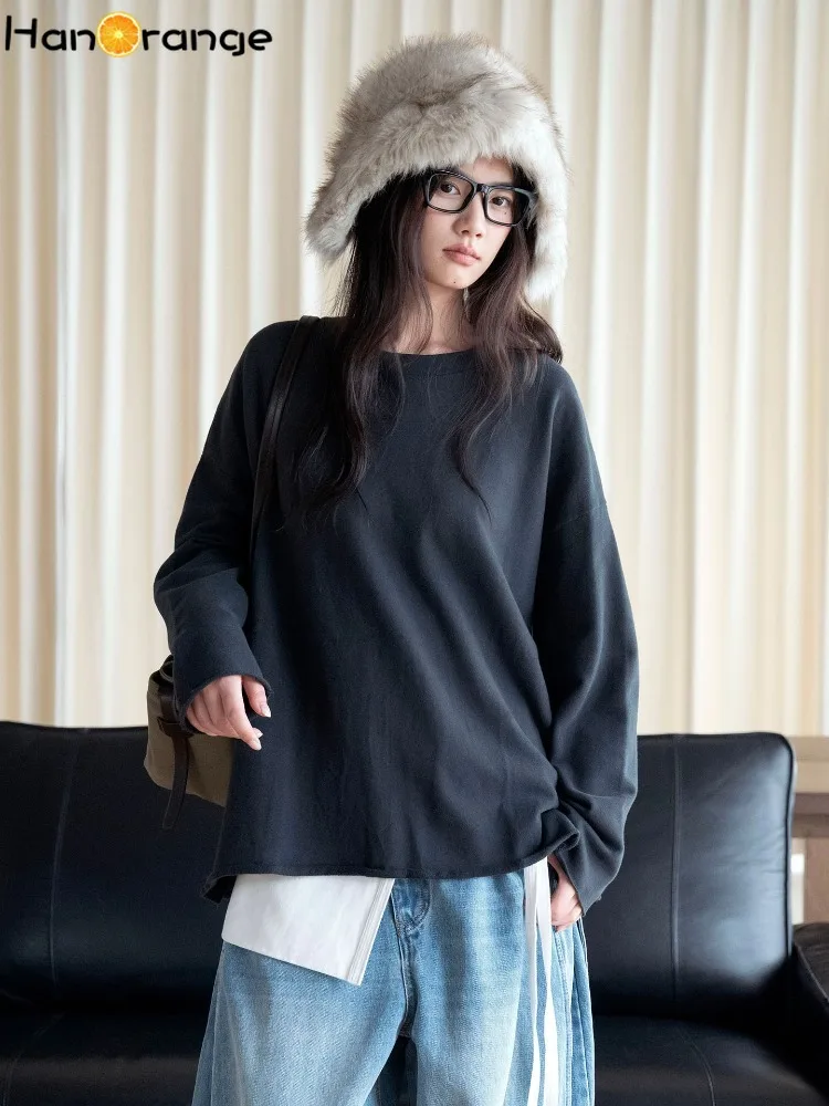 Fleece T-shirt Women Round Neck Drop Shoulder Split Hem Solid Color Loose Lazy Long Sleeve Top