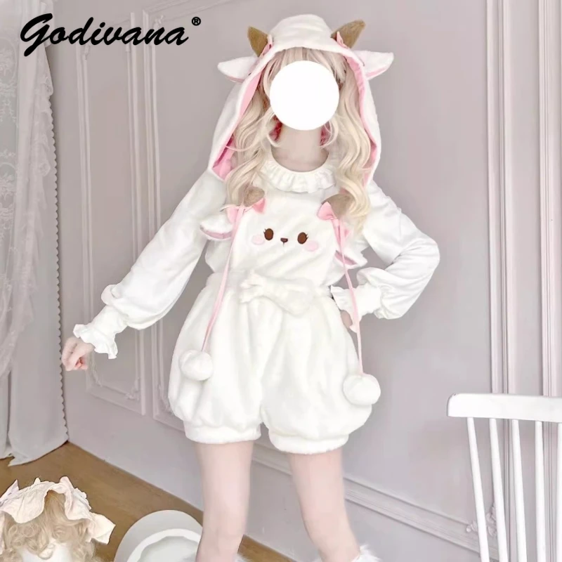 

Новые осенне-зимние плюшевые штаны с капюшоном и милым медведем, внутренняя рубашка с длинными рукавами для девочек, кавайные комбинезоны в стиле Лолиты, женская одежда