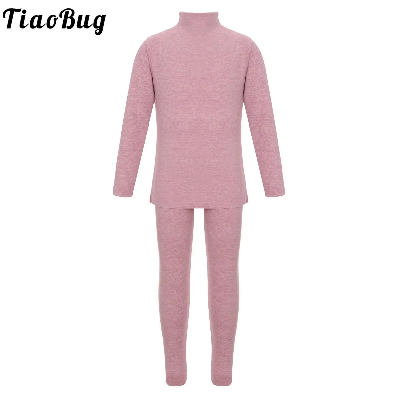 Unisex Kids Girls Boys Solid Color Sleepwear Thermal Underwear Set Warm Loungewear Mock Neck Long Sleeve T-shirt with Leggings