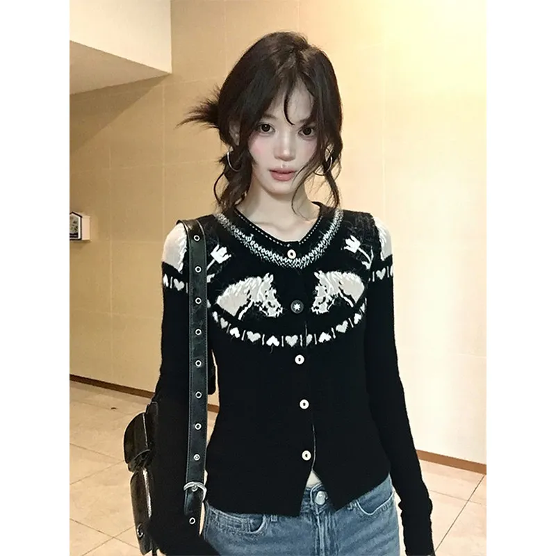 

Korean Sle Bla Fair Isle Knit Cardigan Women's Autumn Winter Slim Fit Soft Cozy Sweater Jaet Casual Sle Knitted Open ...