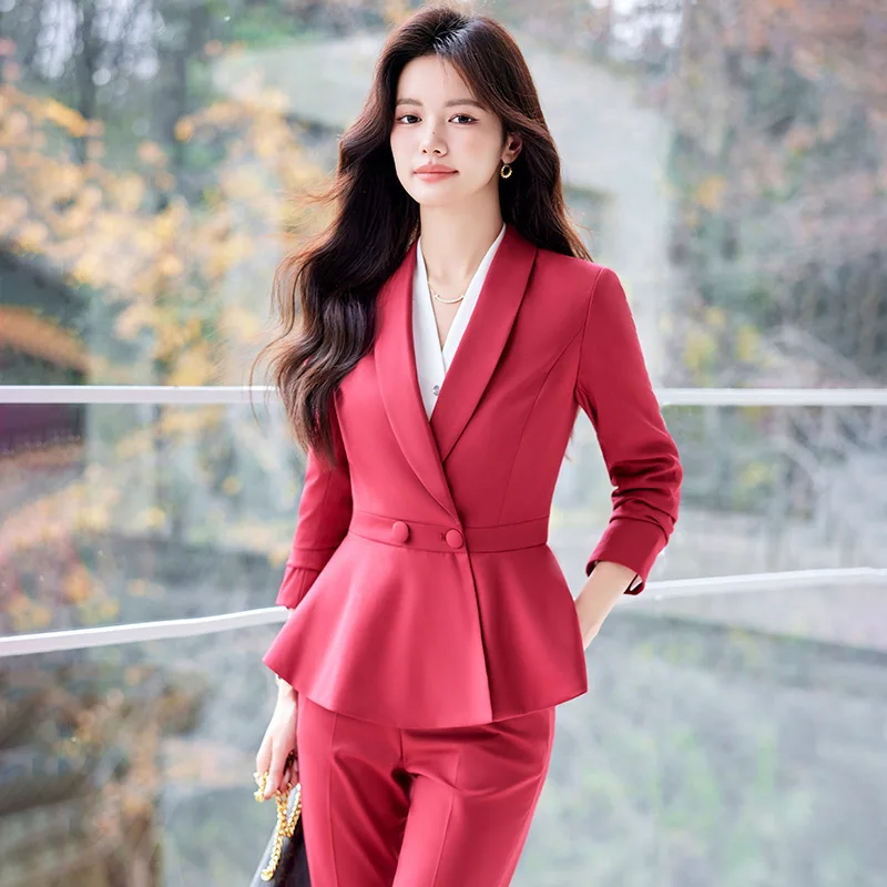 Red Business Wear Suit Women's Formal Wear Spring and Autumn High-End Temperament Goddess Temperament Jewelry Store Beauty Salon