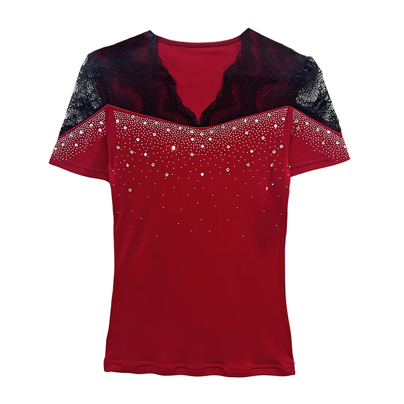 MadBlack-Women European T-Shirt, Sexy V Neck Diamond Lace, Streetwear Short Sleeve Slim M-3XL Mesh Tee, 2026 Summer New T63766CC