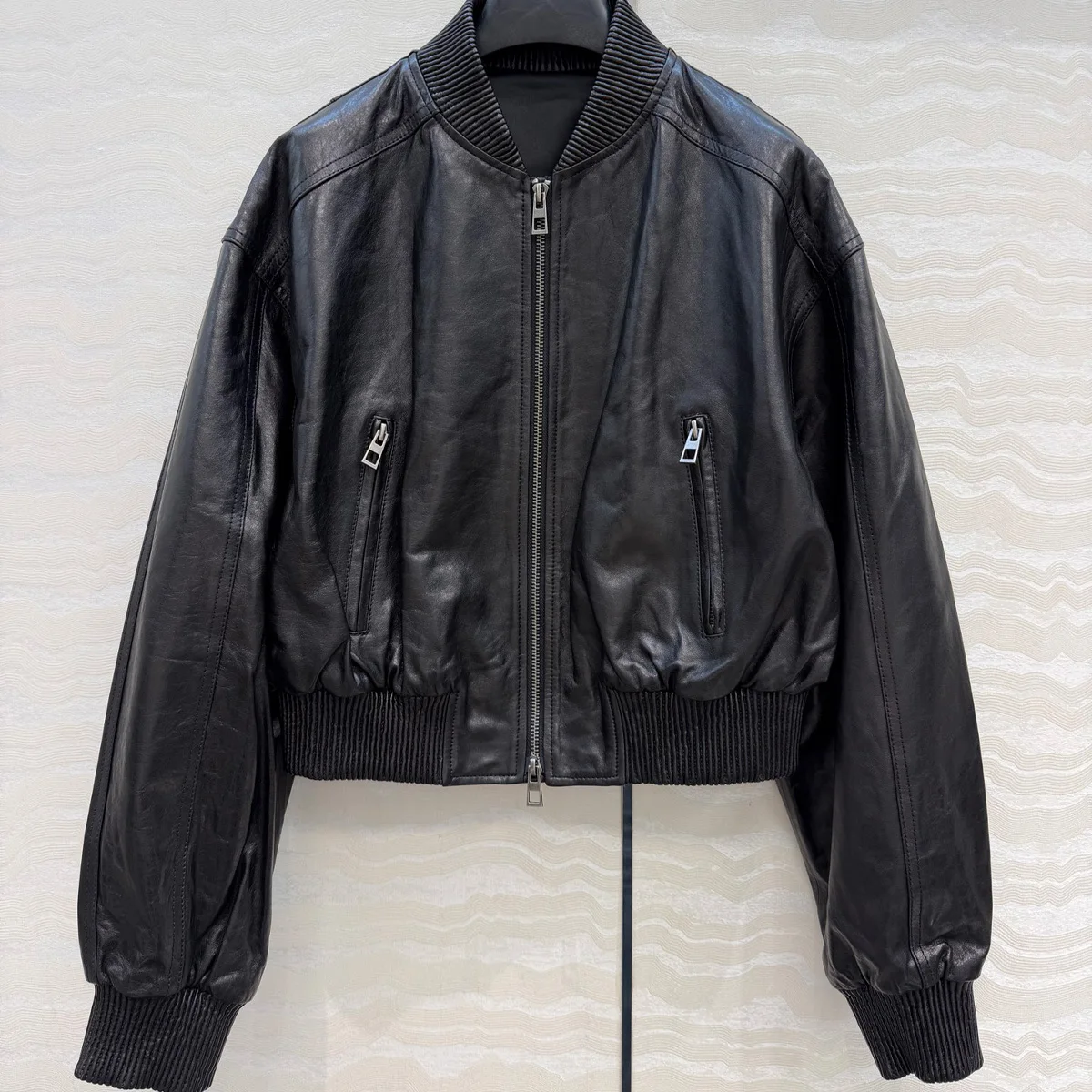 High Quality Women Cropped Bomber Jacket Ribbed Collar Zip Up Zipper Pockets Loose Long Sleeve Streetwear Outerwear lyt2680690