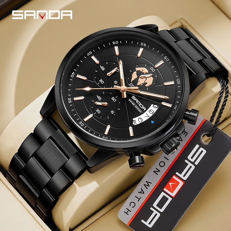 Men's Watch Fashion Simple Steel Band Calendar Waterproof Korean Quartz Watch Sanda 5015 Product Three Eyes Six Needle Quartz