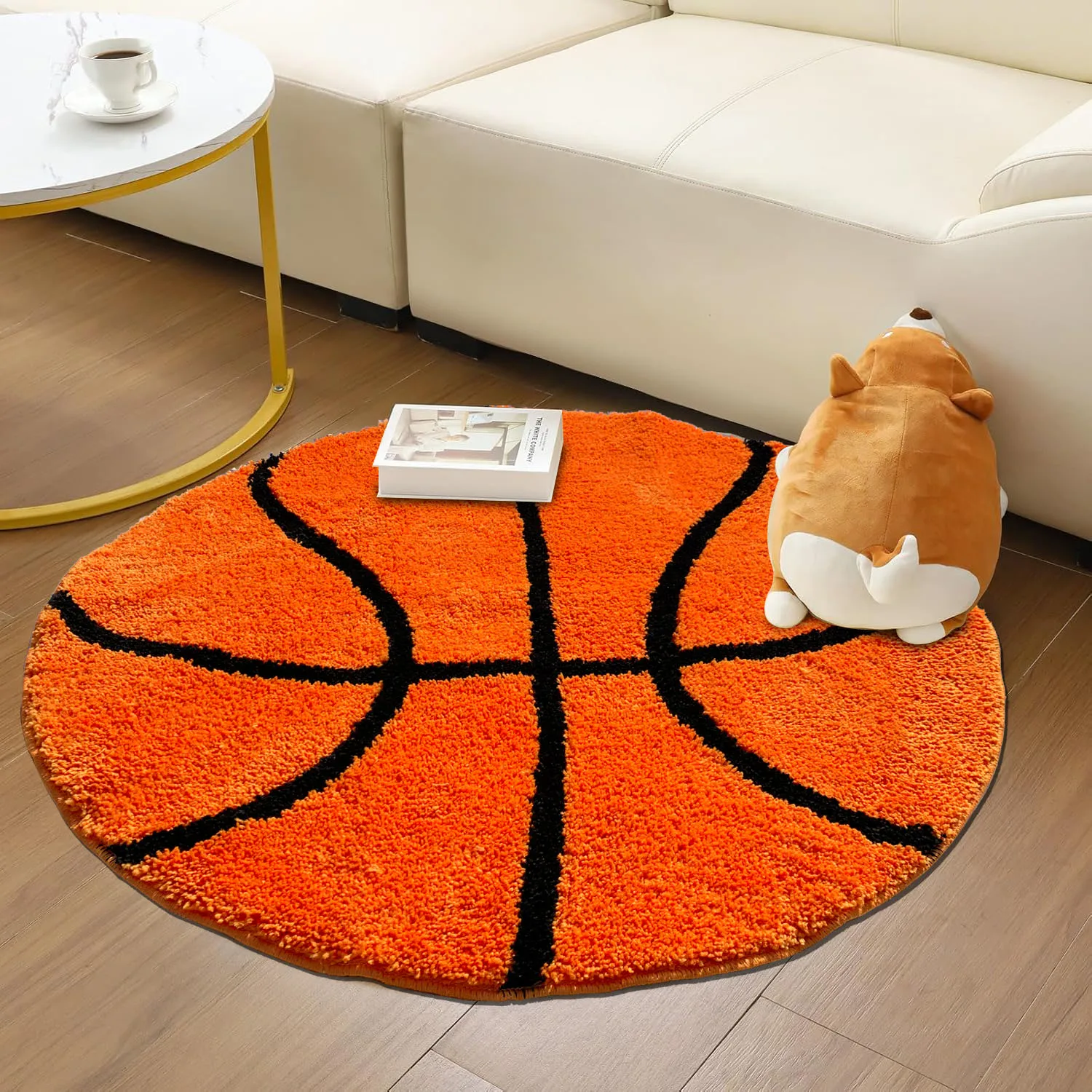 Knitted jacquard basketball orange round rug for sports enthusiasts, soft and comfortable round area rug with a sports