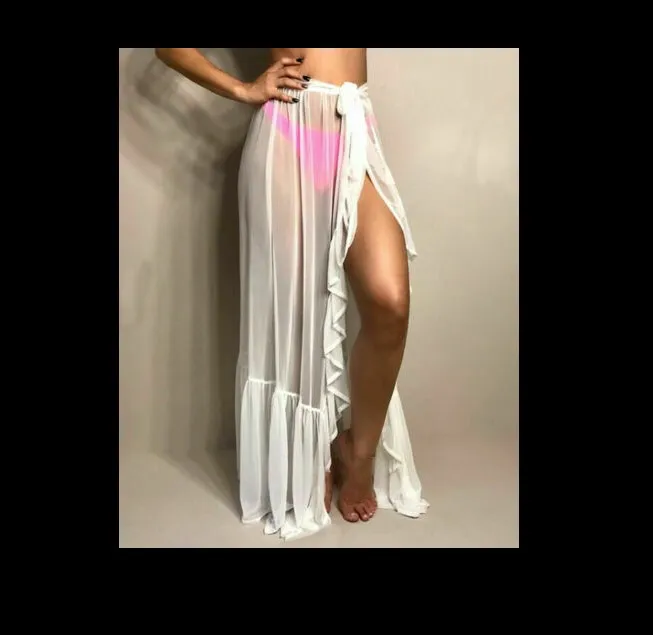 Women Beach Mesh Sheer Skirts Swim Wear Bikini Cover Up Wrap Long Sarong Pareo See Through Ladies Clothes Holiday Fashion New