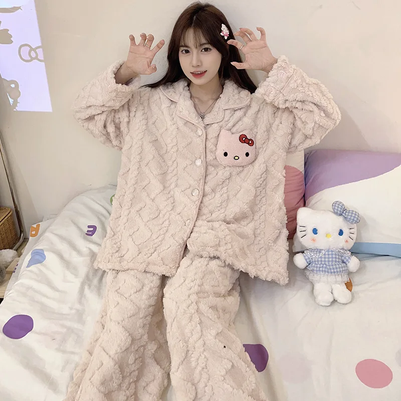 Sanrio Hello Kitty Anime Ladies Plush Pajamas Kawaii Flannel Cardigan Loungewear Fall Winter Thickened Loose Suit Birthday Gift