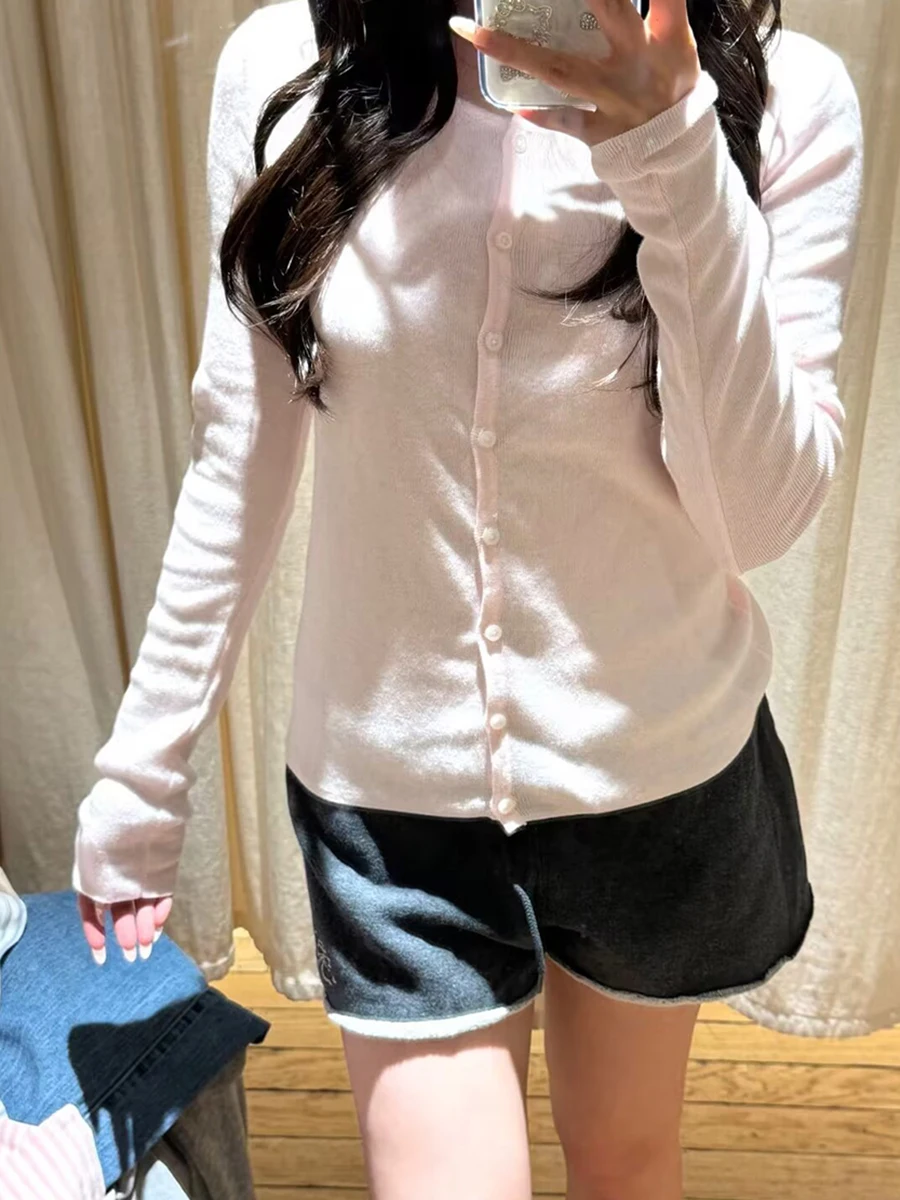 

Pink Sweet Thin Knitted Long Sleeve Top Women Autumn New Scoop Neck Single Breasted T-shirt Simple Casual Preppy Style Tee Shirt
