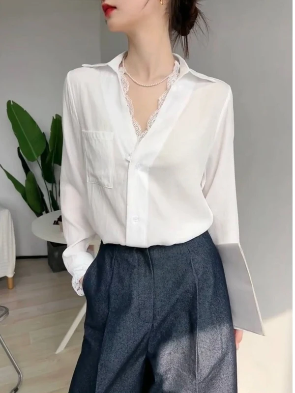 

French Sle White Lace Splice Long Sve Women's irt Stand Collar Design Spring Autumn New Arrival Ele Casual Top