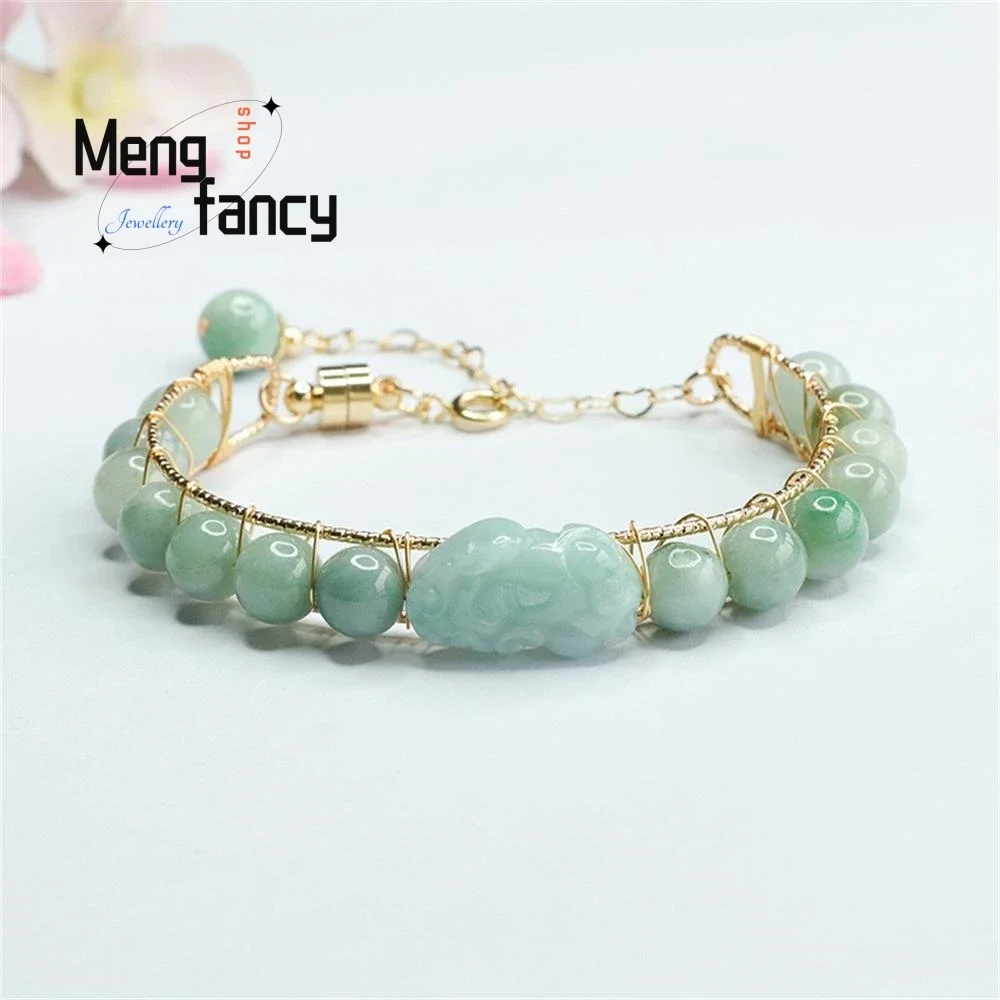 

Natural A-goods Jadeite Pixiu Round Bead String Bracelet Exquisite Elegant Simple High-grade Luxury Quality Jewelry Holiday Gift