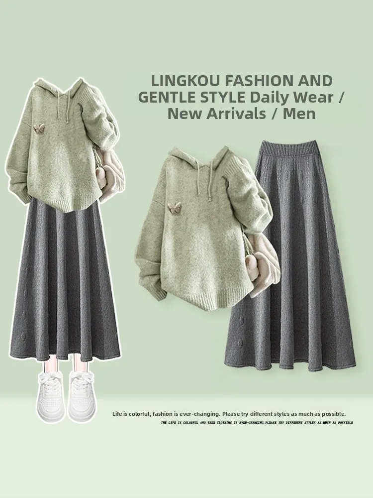 

Ele plus Size Knitted Hoodie Set Casual High Waist Skirt Two Piece Women's Faion Autumn Winter Ensemble Knot ...