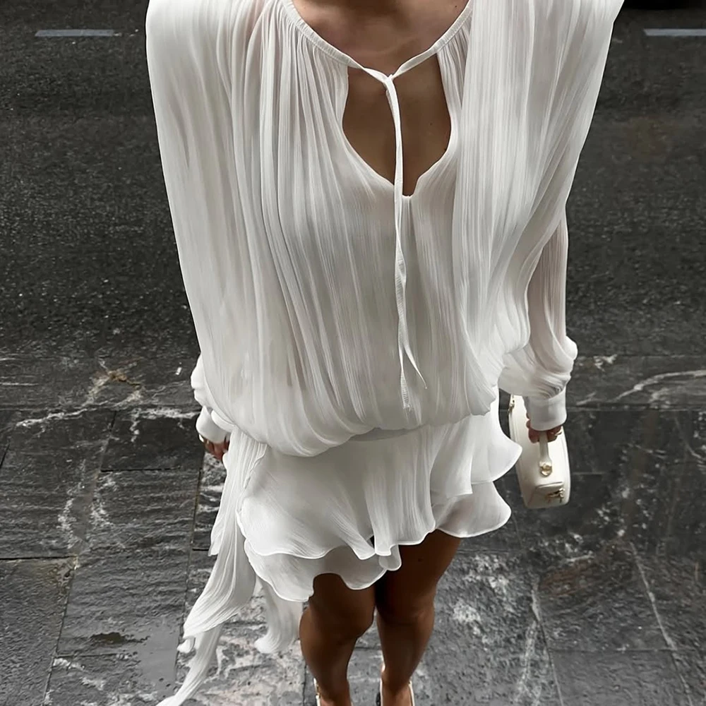 Ticketsx zomer glanzende een schouder skinny geplooide mini-jurk elegante effen ruches lange mouwen vestidos dame feestavondjurk