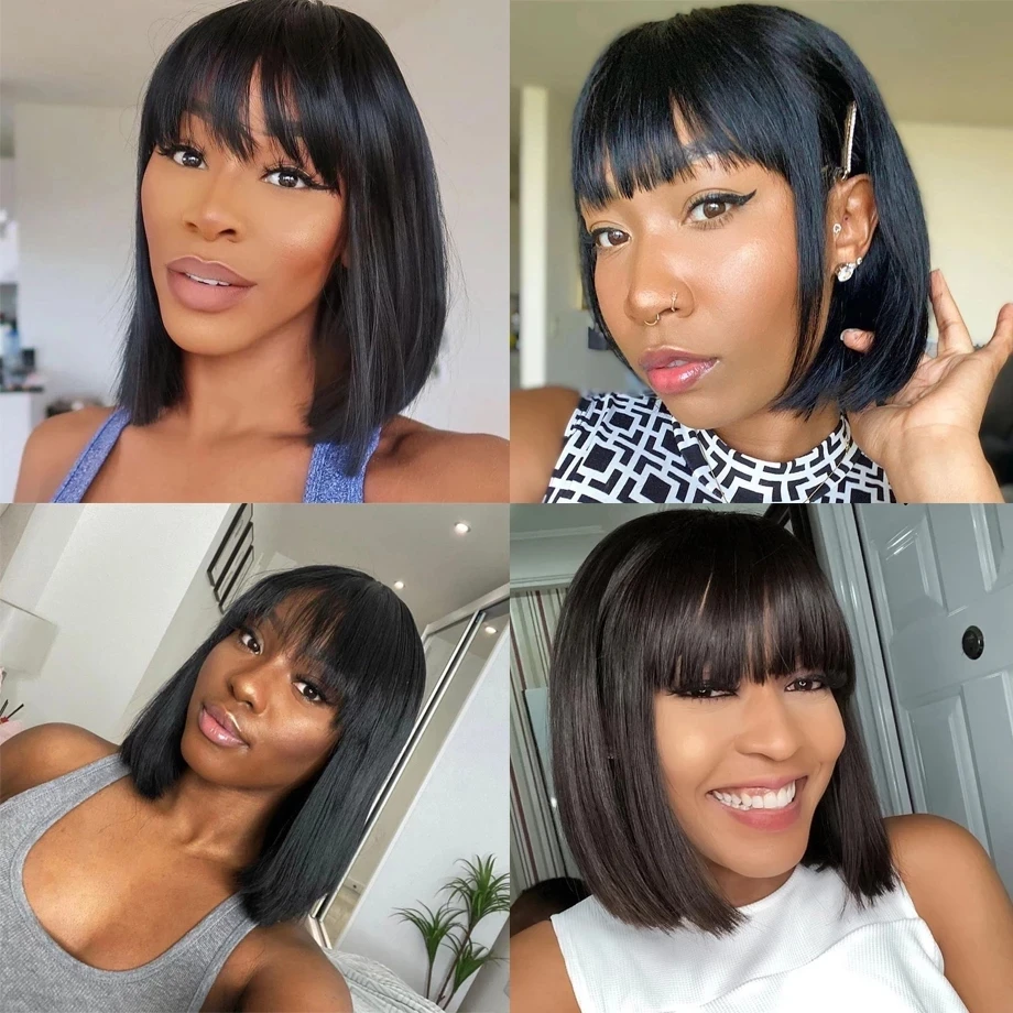 Brazilian Human Hair Wig with Bangs Remy Straight Hair Bob Wigs Full Machine Made Wig for Women 8-16 Inches No Lace Bob Wigs