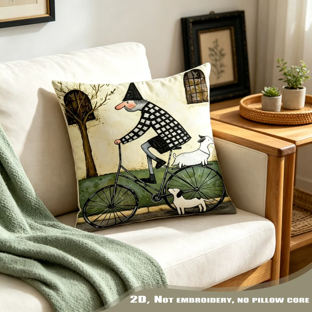 1PC Vintage Old Man Bike Dog Pillow CoverPolyester Cushion Case for Sofa Couch Living Room Bedroom Home Decor