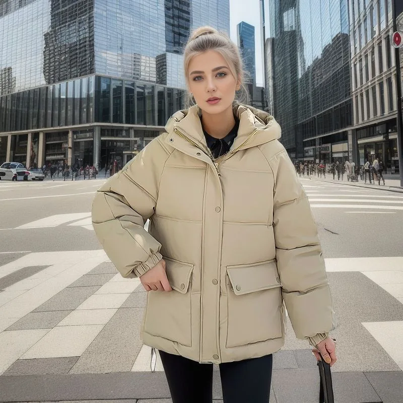 

Winter Women's Cold Coat Fashion Loose Hooded Zippers Parkas Top Vintage Soft Warm Long-sleeved Pockets Down Cotton Clothing