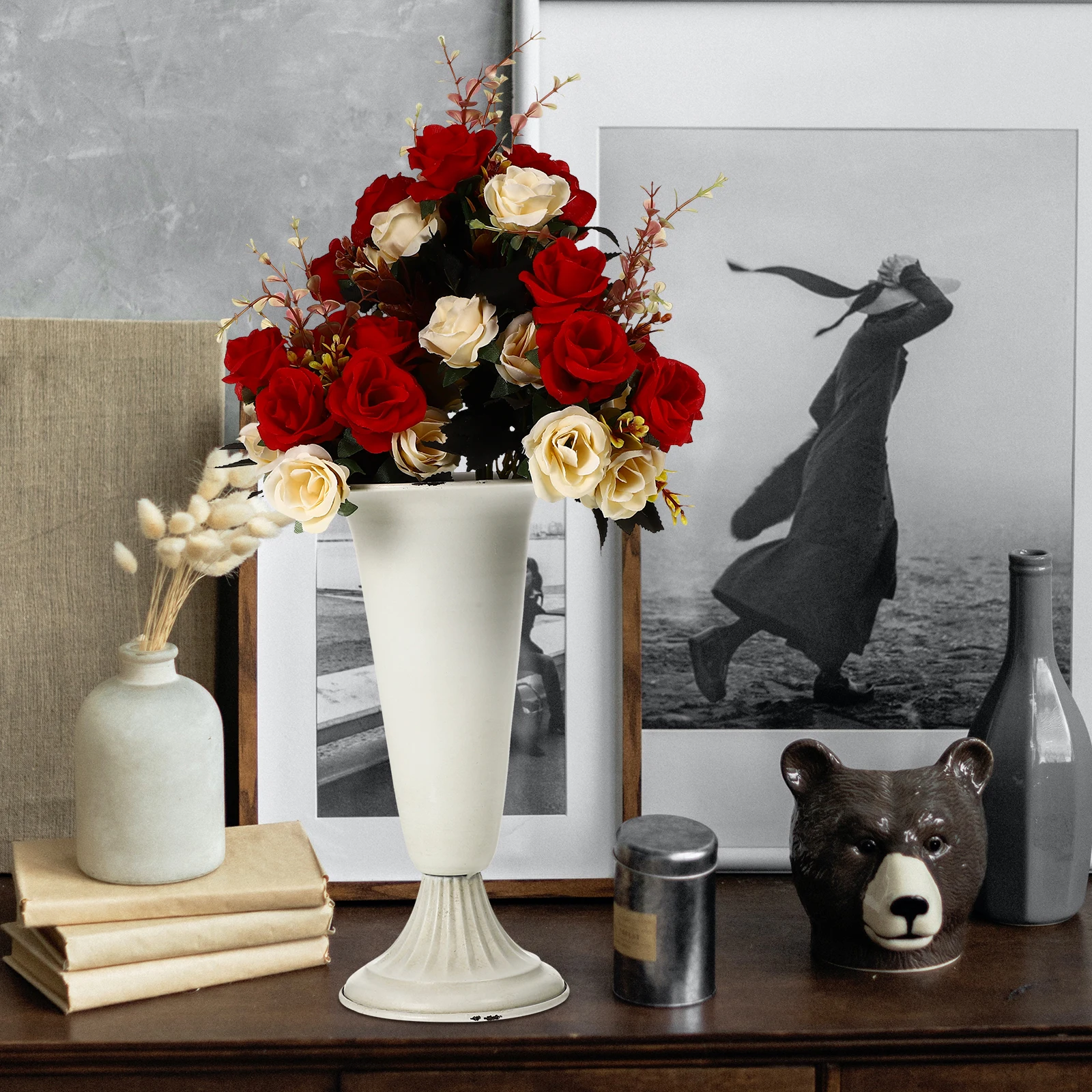 

White Distressed Flower Vase Retro Metal Craft For Dried Fresh Flowers Decorative Tabletop Ornament Home Office Decor Iron Vase