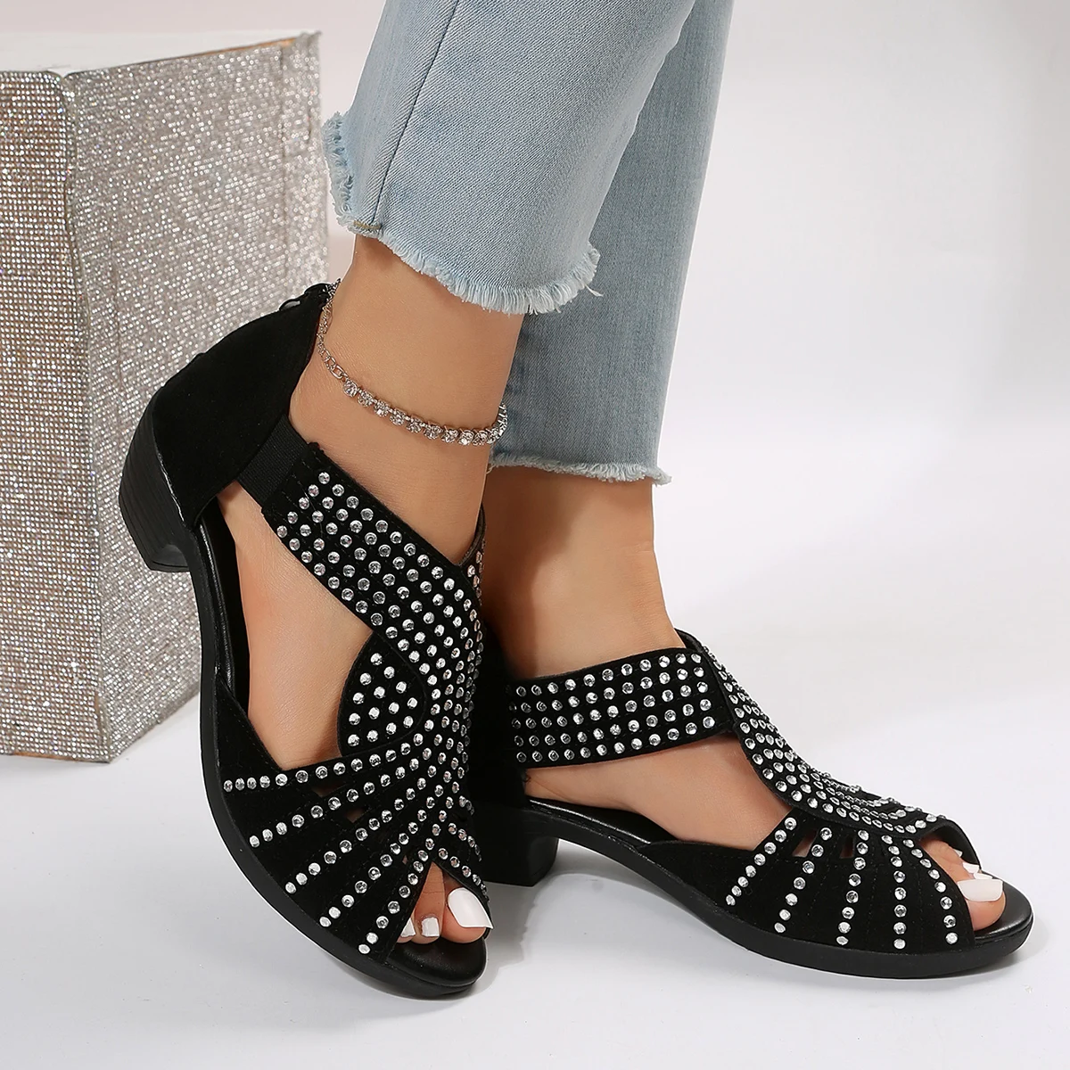 2026 Neue Modische Bequeme Tanzsandalen für Damen mit Strass-Reißverschluss und Kristallen, Indoor-Schuhe mit Offener Spitze – Detail 9