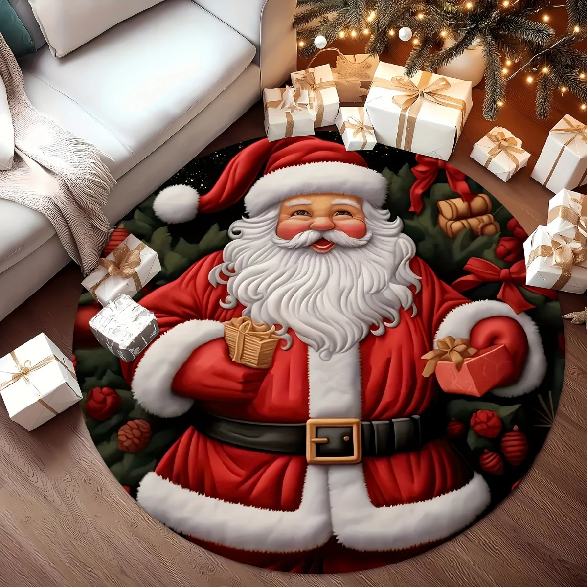 Winter Holiday Circular Area Rug, Snow Town Santa Train Printed Non Slip Washable Floor Mat, Decor Piece Beside Living Room Sofa