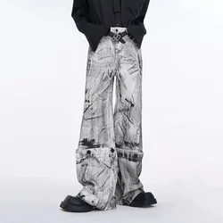 Mens Pants Tie Dye White Graffiti Pocket Jeans Autumn Casual Washed Wear-Resistant Straight Leg Pants Men's Clothing Unisex 2024