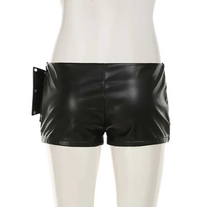 Women Black Gothic Emo Y2K Mini Shorts Sexy Wide Belt Leather Short Pants Low Waist Bodycon Shorts Micro Boot Short Summer 2026