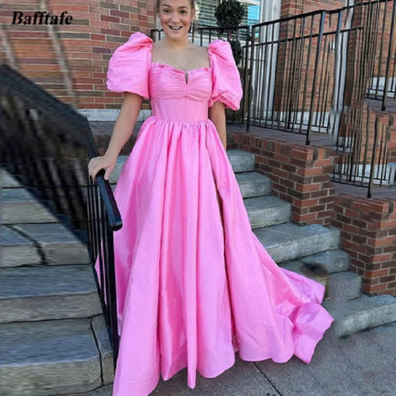 

Bafftafe Pink Short Sleeves Taffeta Prom Party Dresses Customized Evening Gowns Formal Occasion Dress Slit Long Train Wearing