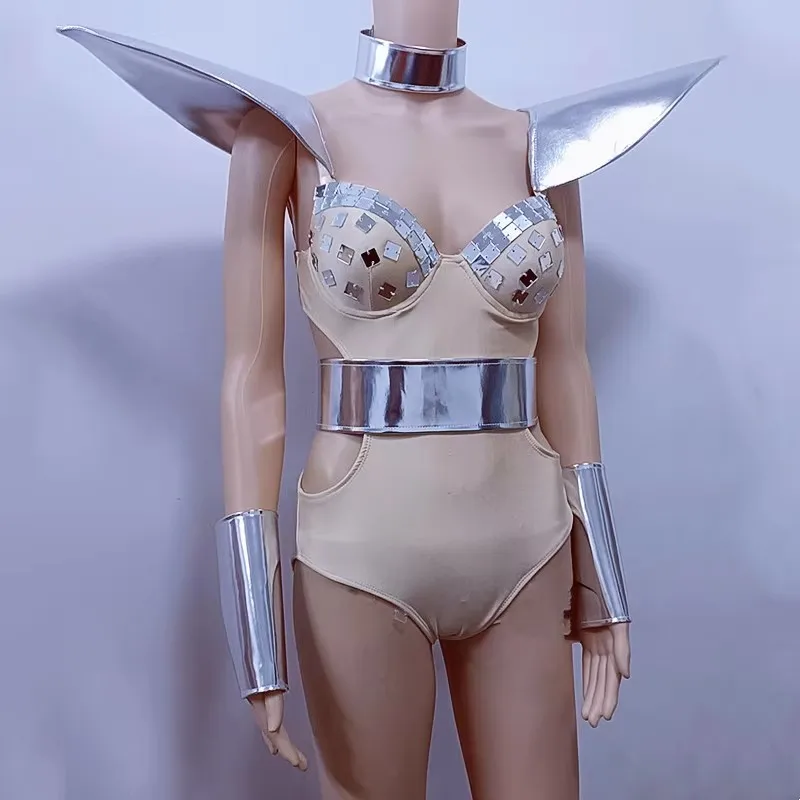 Damski seksowny srebrny body z efektem lustra, odkryte ramiona, strój sceniczny, trykot, kostium na imprezę do klubu nocnego, baru, dla DJ-a, tancerki gogo, na pokaz.