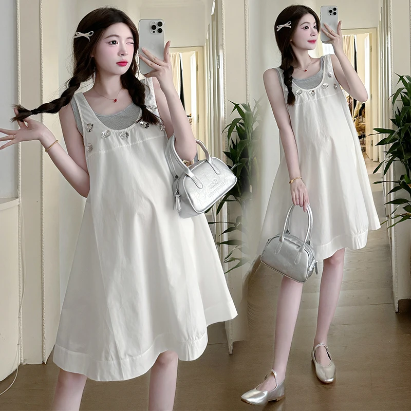 

Summer Maternity Clothes Set Sleeveless Tank Top White Sundress Twinset Plus Size Pregnant Woman Dress Suits Loose Tank Dresses