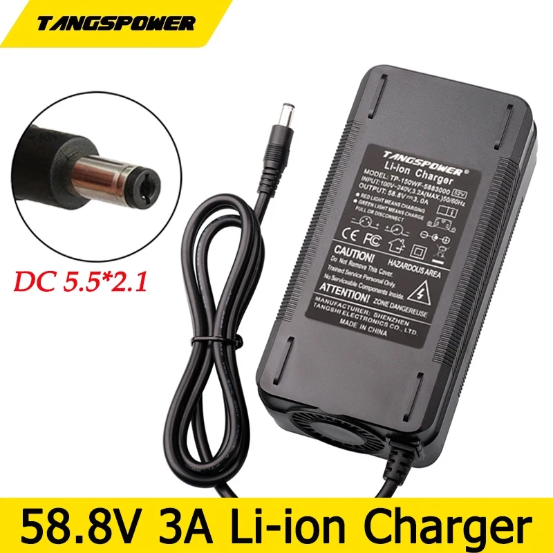 

58.8V 3A Lithium Battery Charger For 14Series 52V Li-ion Battery Pack Fast Charging DC 5.5*2.1mm Connector With Cooling Fan