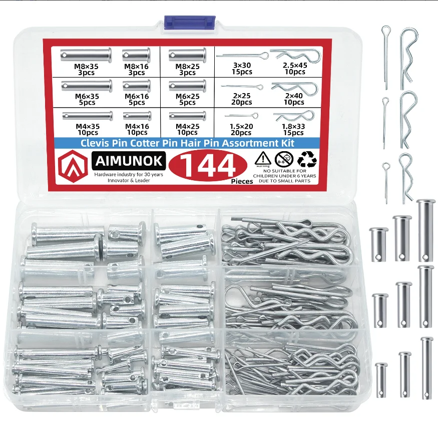AIMUNOK 144 Clevis Pin Cotter Pin Hair Pin Assortment Kit (Iron Plated With White Zinc)
