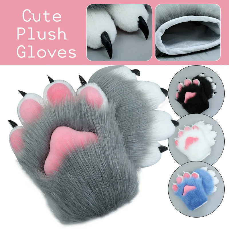 Costume de cosplay de chat en peluche de dessin animé, gants de patte de main en fourrure, mitaines chaudes et épaisses, N64.Claws, 2 pièces