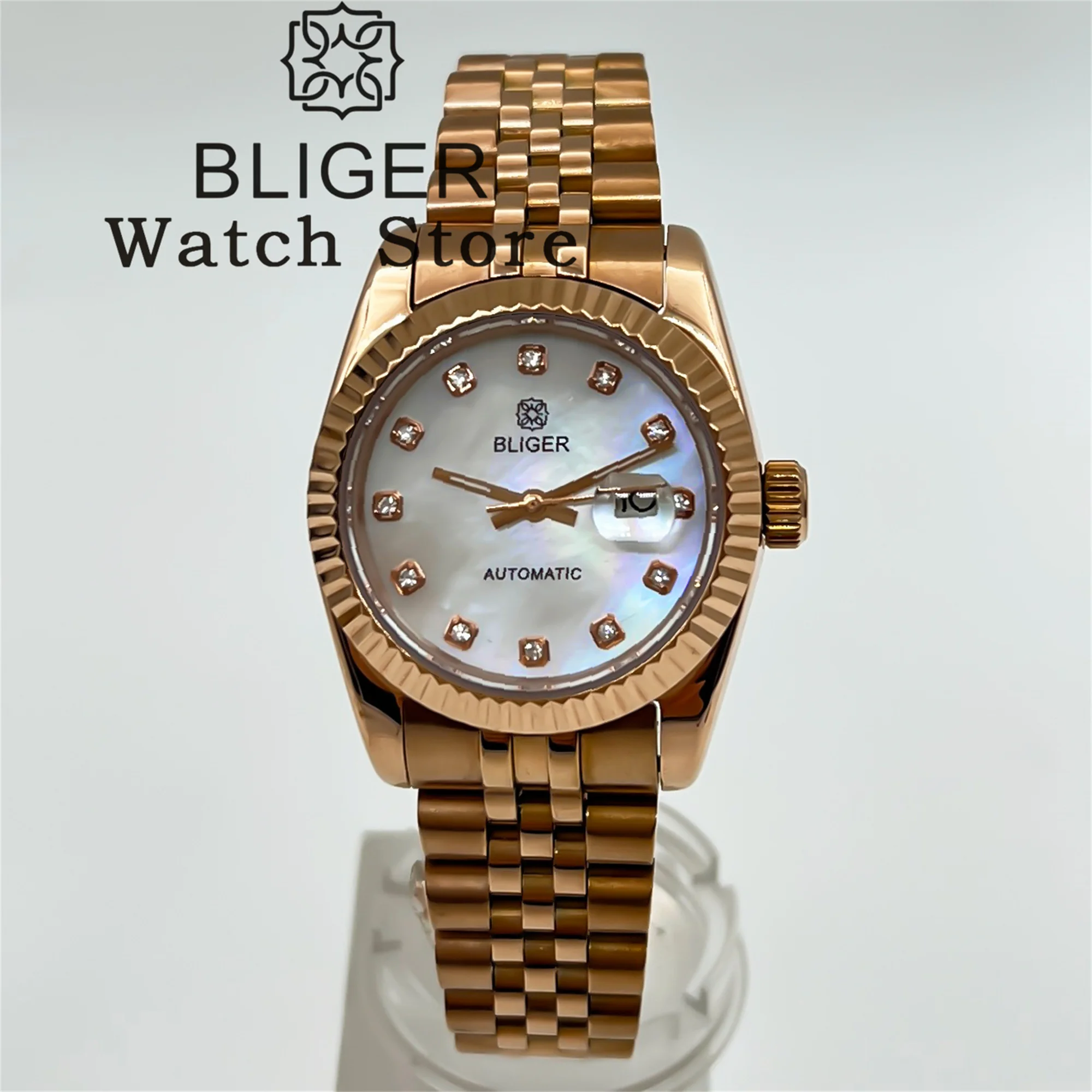 BLIGER 31 مللي متر ارتفع الذهب سيدة ساعة أوتوماتيكية NH05 حركة تاريخ شل الهاتفي منحني مخدد الحافة الياقوت الزجاج مقاوم للماء الساعات