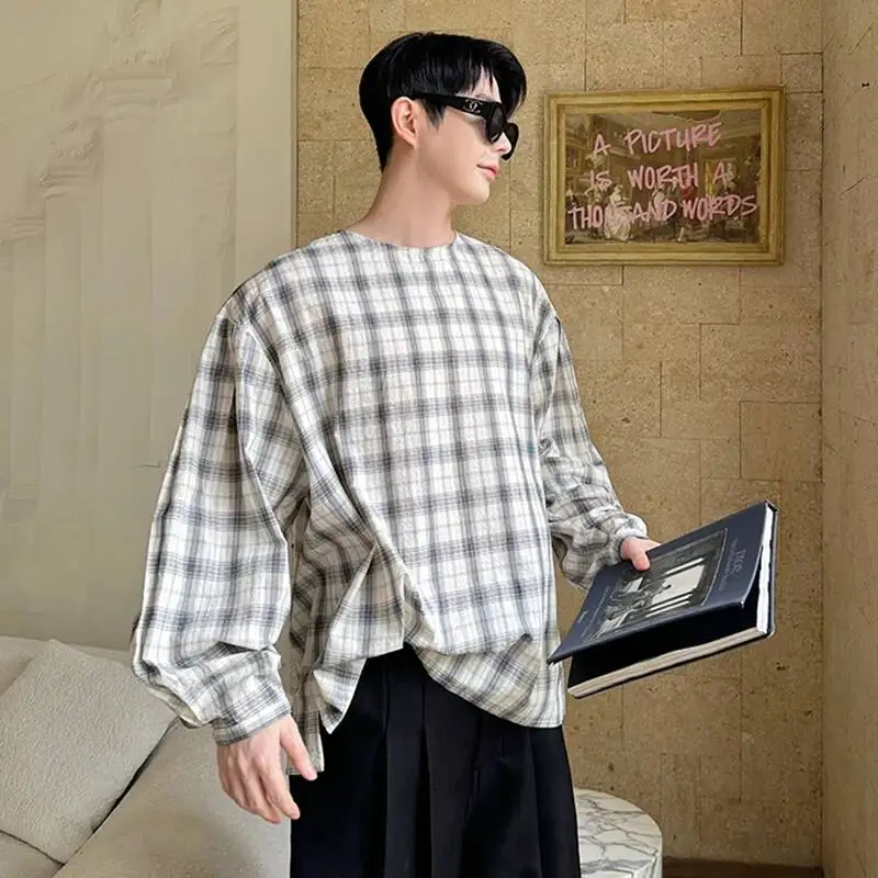 Niche Design Men's Shirts Round Collar Plaid Design Contrast Color Pullover Shirt Long Sleeved Loose Male Tops KHU7