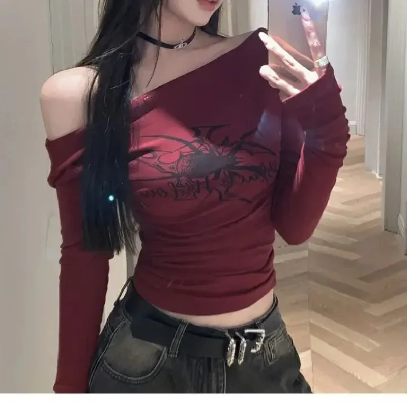 Red Women T-Shirts Slash Neck Long Sleeve Spider Print Hip-Hop Blouses Streetwear Casual Matching New In Crop Top Clothes Trend