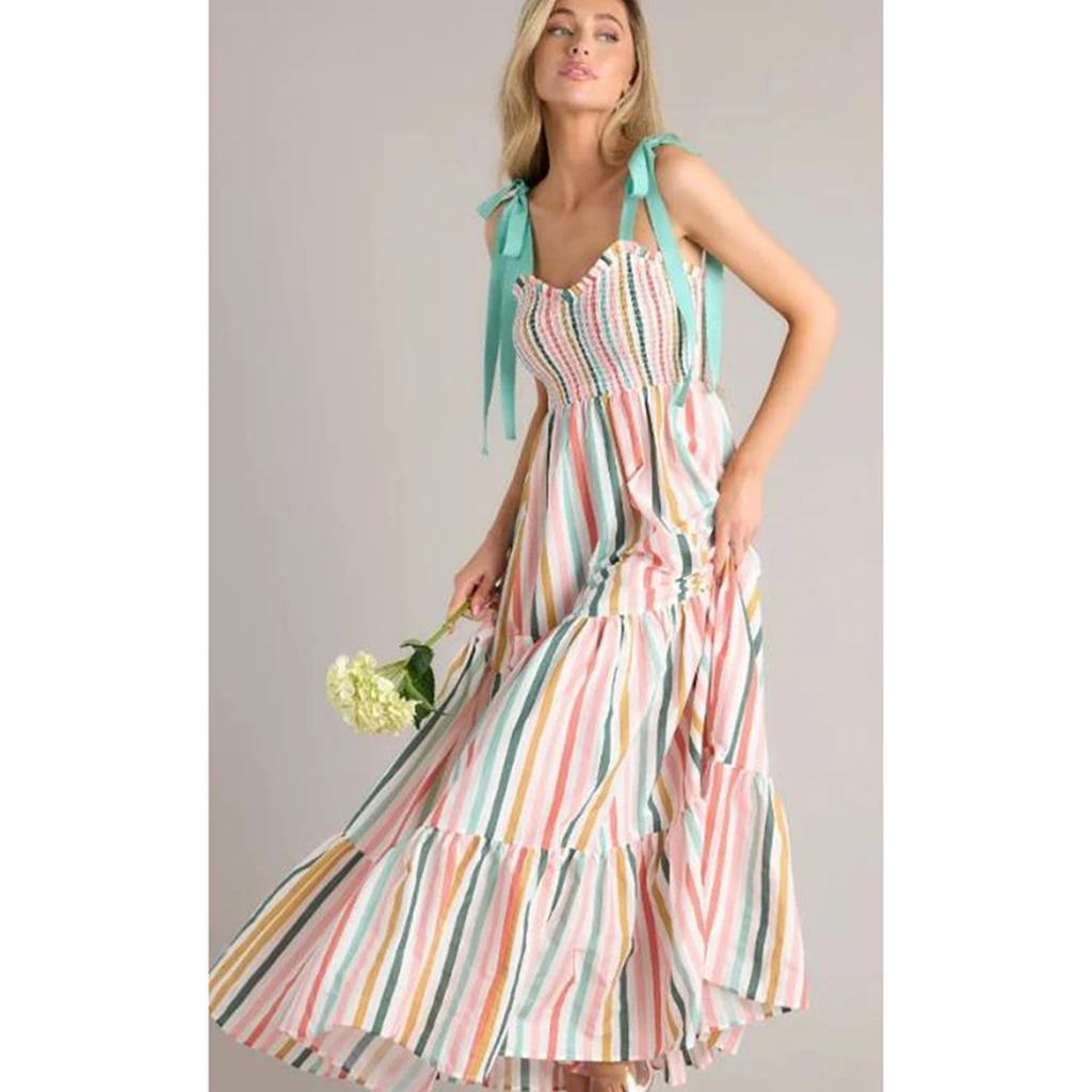 

Women's Summer Aesthetic Tie Spaghetti Strap Dress Striped Print V Neck Parallel Crepe Detail Long Flowing Dress for the Beach