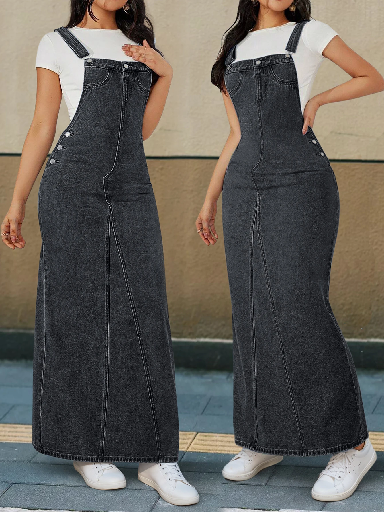 فستان طويل مثير بحزام قابل للتعديل من قماش الدنيم للنساء بتصميم كلاسيكي عصري على شكل قطة وأسلوب بسيط مع جيوب