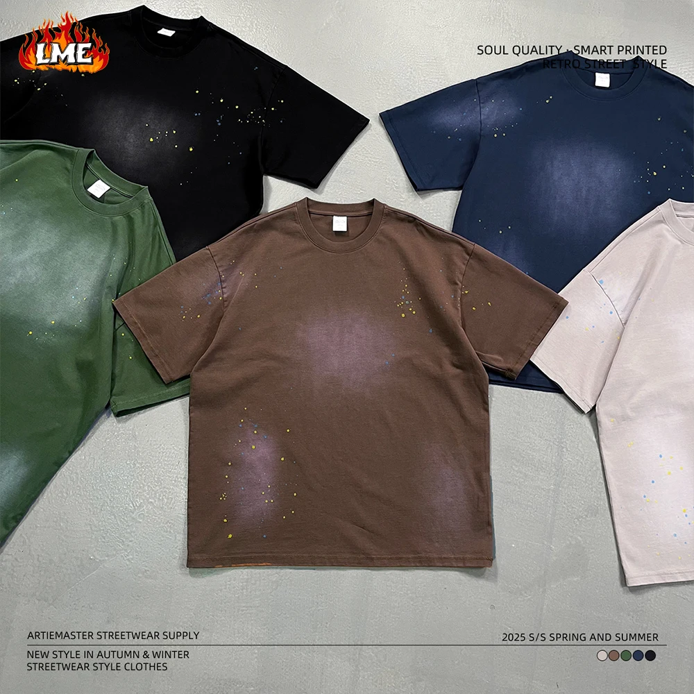 

LME Новое поступление 325GSM тяжелая двойная пряжа из хлопка спрей лошадь цветные всплеск чернила в горошек винтажная футболка с индивидуальным логотипом