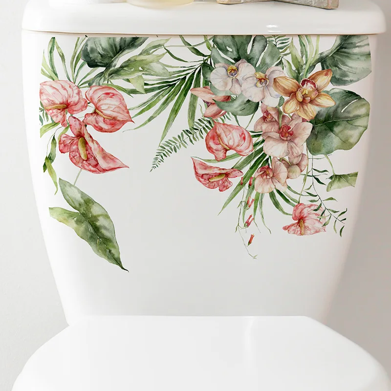 

Tropical Green Plants, Flowers, Toilet Seat Stickers, Bathroom Home Decoration Wall Stickers, Self-adhesive Stickers
