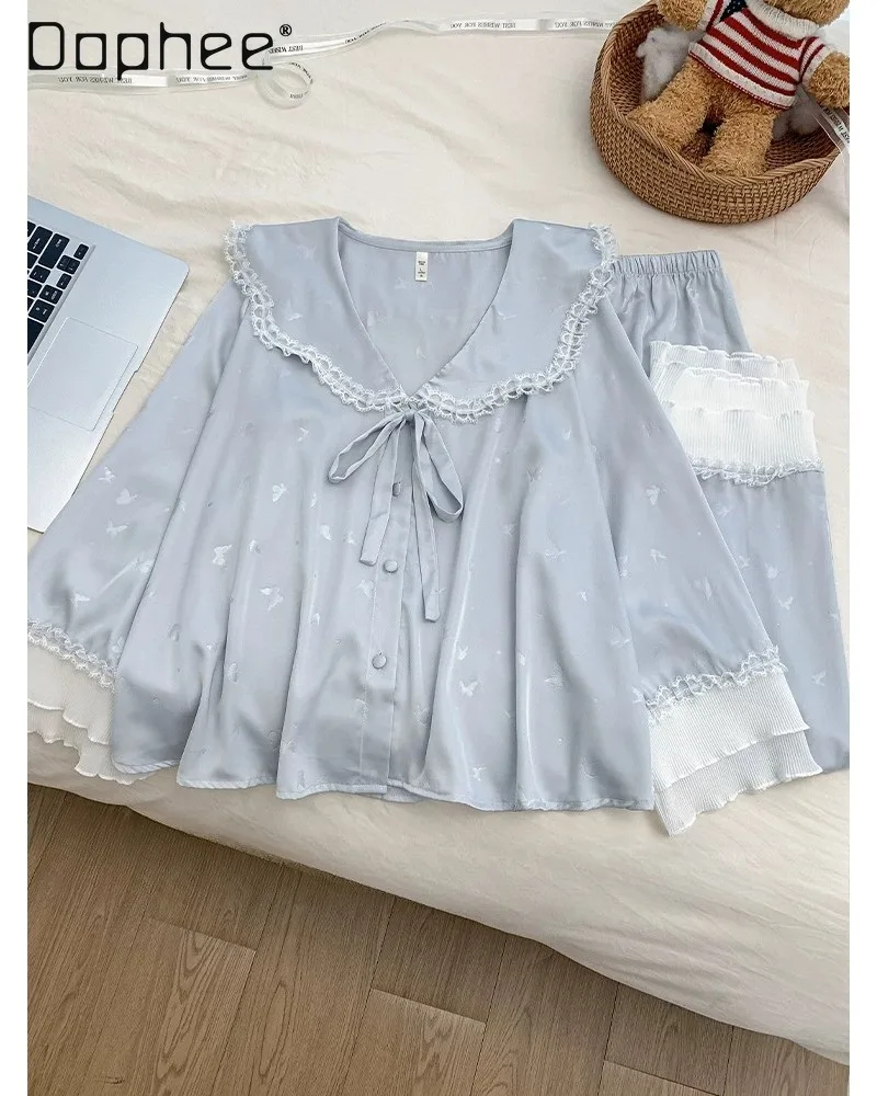 French-style Gentle Girl-style Pajama Set Ruffled Lace V-neck Frilled Hem Long-sleeved Pants Two-piece Set Loose Women Homewear