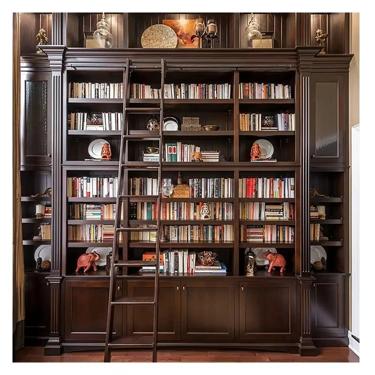 Custom Luxury Bookcase with Ladder Library Bookshelf Office Book Cabinet Home Library Furniture Classic Study Room