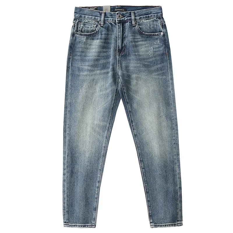 American Style Vintage New Fashion Men Light Blue Loose Straight Simple Basic Daily Floor Length Jeans Pants Male Denim Trousers